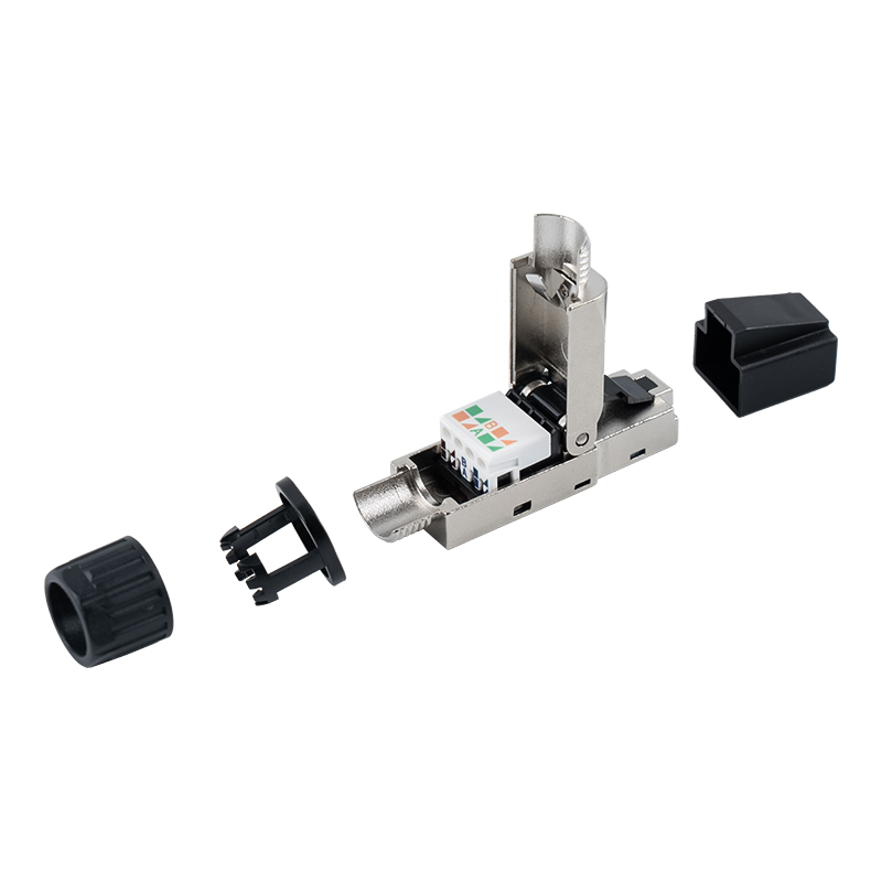 Cat7 suojattu työkaluton RJ45-liitin (muovikorkit päässä ja muovimutterit pyrstössä) RJ-G50S-2-C7 Cat7 suojattu työkaluton RJ45-liitin (muovikorkit päässä ja muovimutterit pyrstössä) RJ-G50S-2-C7