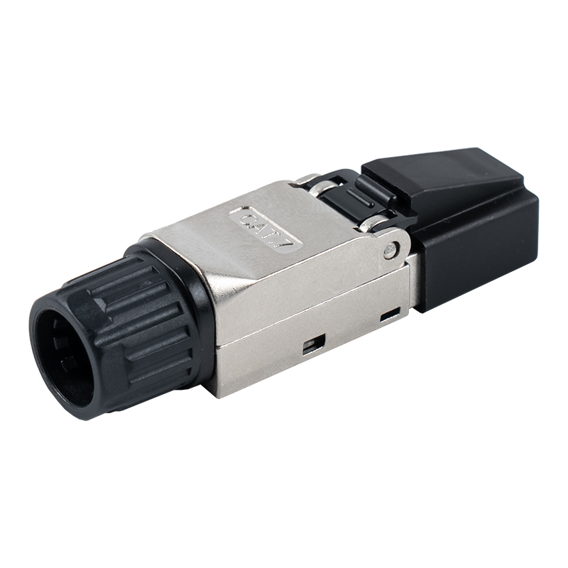 Cat7 suojattu työkaluton RJ45-liitin (muovikorkit päässä ja muovimutterit pyrstössä) RJ-G50S-2-C7